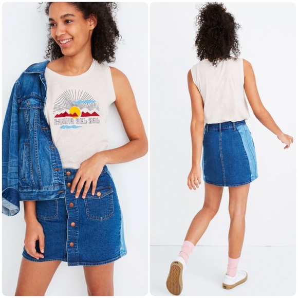 Madewell Pierced Two Tone Snap Button Denim Mini Skirt - Picture 1 of 10